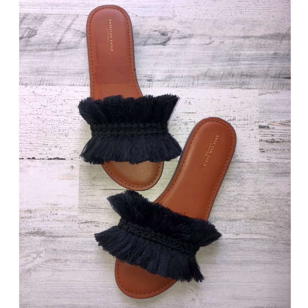 American Eagle Black Fringe Slide Sandals